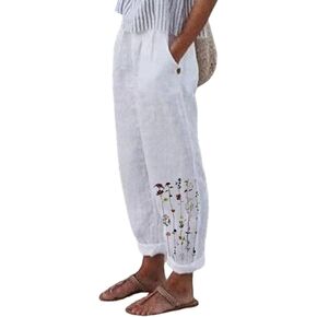 بنطلون نسائي كاجوال من القطن والكتان بنطال مطبوع عليه زهور، بنطلون قصير بخصر مطاطي مع جيوب in Kuwait