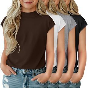 4 Pack Girl's Cap Sleeve Shirts Mock Turtle Neck T-Shirts Soft Casual Tunic Top Stretchy Cute Solid Summer Tees Top in Saudi Arabia