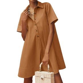 فستان Wenrine نسائي كبير الحجم بأزرار قميص قصير الأكمام كاجوال بياقة على شكل حرف V فساتين صيفية واسعة in Kuwait