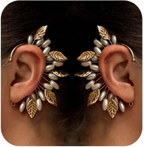 اليدوية قزم الأذن الأصفاد الأقراط 2PCS الذهب الجنية زهرة الأقراط الزاحف القرط خمر ورقة الجناح مشبك الأذن لا ثقب حفلة موسيقية العروس مجوهرات الزفاف هدايا للنساء (الذهب) in Kuwait