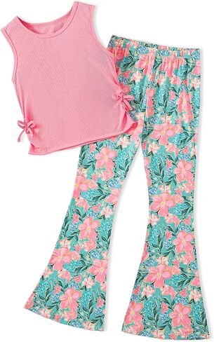 ملابس الفتيات ملابس الربيع ملابس الصيف حجم 7-14 الصلبة أكمام أعلى زهرة الأزياء السراويل مجموعة 2PCS in Kuwait