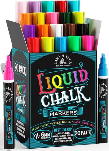 علامات الطباشير السائلة للسبورات السوداء - أقلام تحديد ممحاة جافة ذات ألوان غامقة - علامة طباشير لعلامات السبورات والسبورة والزجاج - طرف ذو وجهين 6 مم (20 عبوة) - تتضمن 24 ملصق طباشير in Kuwait