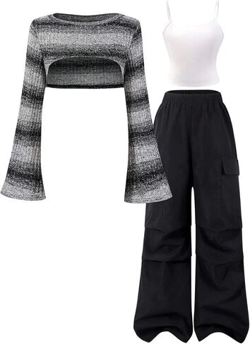 OYOANGLE Girl's Fall Clothes Cami Top and Striped Long Sleeve Knit Top with Cargo Pants Clothing Sets in Saudi Arabia