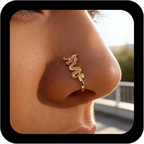 بوهو التنين كليب على الأنف الدائري خمر زودياك التنين وهمية الأنف الدائري الذهب التنين القديم الكفة هوب الأنف الدائري غير مثقوب الأنف الدائري مجوهرات للنساء والفتيات in Kuwait
