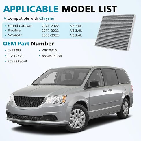 Cabin Air Filter with Activated Carbon Compatible with Voyager 2020-2022, Grand Caravan 2021-2022, V6 3.6L, Chrysler Pacifica 2017-2022, Replace # CF12283 68308950AB in Saudi Arabia