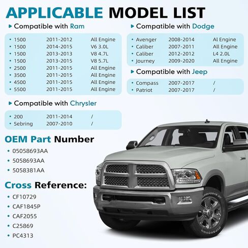 Cabin Air Filter with Activated Carbon Compatible with Chrysler, Dodge, Jeep & Ram Models - 200, Sebring, Caliber, Journey, Compass, Patriot, 1500, 2500, 3500 - Replace# 5058693AA CF10729 in Saudi Arabia