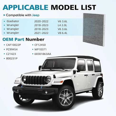 Cabin Air Filter with Activated Carbon Compatible with Wrangler 2018-2023 - 2.0L 3.6L 6.4L ，Jeep Gladiator 2020-2022- Replace# 68301863AA CF12450 in Saudi Arabia
