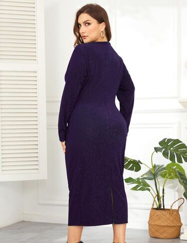 ZOMVA 2024 Women's Plus Size 1X-4X Sparkly Glitter Ruched Bodycon Midi Dress Mock Neck Long Sleeve Sparkle Sequin Sexy Dress Cocktail Party Formal, Purple, 2X in Saudi Arabia