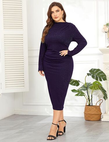 ZOMVA 2024 Women's Plus Size 1X-4X Sparkly Glitter Ruched Bodycon Midi Dress Mock Neck Long Sleeve Sparkle Sequin Sexy Dress Cocktail Party Formal, Purple, 2X in Saudi Arabia