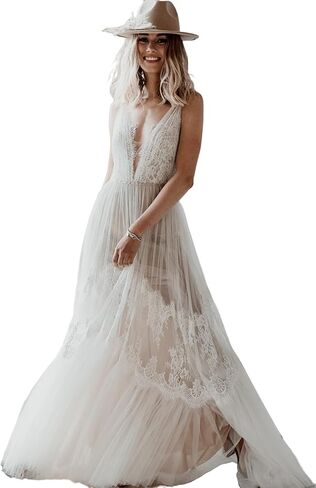 LIPOSA بوهو فساتين زفاف للنساء العروس اغراق الخامس الرقبة خمر الدانتيل الوهم صد ألف خط فستان زفاف LPJ030 in Kuwait