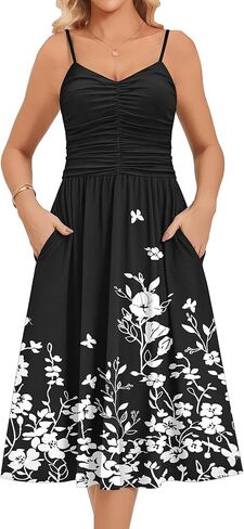 Zeagoo Women 2026 Summer Adjustable Spaghetti Strap Sundress Casual Ruched Floral V Neck Midi Flowy Beach Dress with Pockets in Saudi Arabia