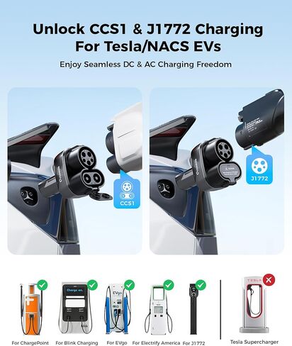 محول 2in1 CCS1 & J1772 إلى Tesla، مناسب لطراز Tesla Y 3 X S (مع تمكين CCS) والجيل التالي من NACS EVs، شحن سريع 250 كيلو وات، CCS إلى NACS، يعمل مع محطة شحن من المستوى 3 ومستوى التيار المتردد 1/2 in Kuwait