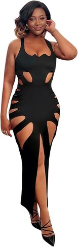 Women's Sexy Sleeveless Hollow Out Maxi Dress Tassel See Through Backless Bodycon Party Club Long Dress in Kuwait