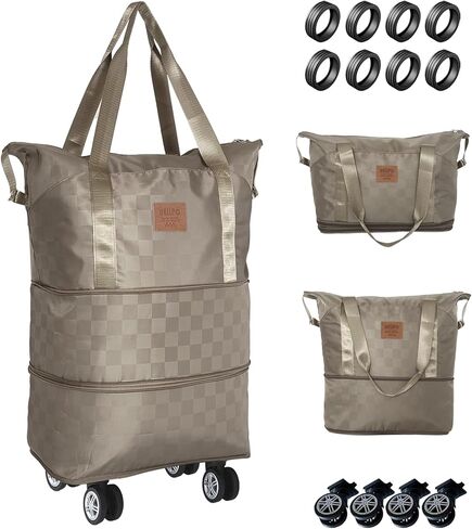 حقيبة سفر واق من المطر بعجلات، حقيبة من القماش الخشن قابلة للتوسيع والطي سعة 28-58 لتر - خفيفة الوزن ومتينة وحقيبة حمل لصالة الألعاب الرياضية والتخييم ورحلة العمل - هدية مثالية للرجال والنساء (كاكي) in Kuwait