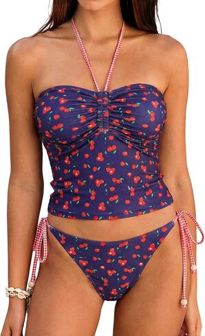 ZAFUL Floral Halter Bandeau Tankini Set Two Piece Tie Side Ruched Tube Bikini Set Swimsuit Bathing Suit in Saudi Arabia