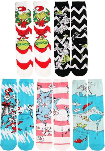 مجموعة جوارب Dr. Seuss Pattern Crew للبالغين - 5 أزواج من الجوارب الأكريليك مع رسومات محبوكة، مرخصة رسميًا in Kuwait