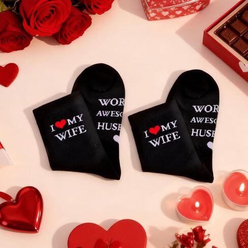 DPKOW I Love My Wife Socks للرجال في العالم أفضل هدايا عيد الحب للزوج، جوارب عيد الحب للرجال مع تصميم على شكل قلب، مثالية لهدية الزوج الرومانسية لذكرى عيد الميلاد in Kuwait