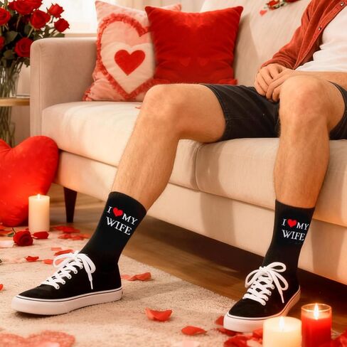 DPKOW I Love My Wife Socks للرجال في العالم أفضل هدايا عيد الحب للزوج، جوارب عيد الحب للرجال مع تصميم على شكل قلب، مثالية لهدية الزوج الرومانسية لذكرى عيد الميلاد in Kuwait