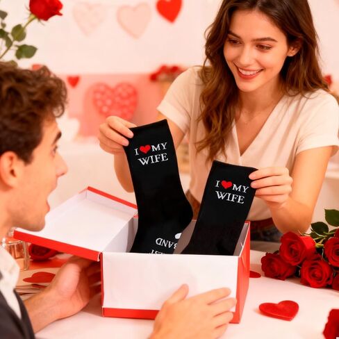 DPKOW I Love My Wife Socks للرجال في العالم أفضل هدايا عيد الحب للزوج، جوارب عيد الحب للرجال مع تصميم على شكل قلب، مثالية لهدية الزوج الرومانسية لذكرى عيد الميلاد in Kuwait