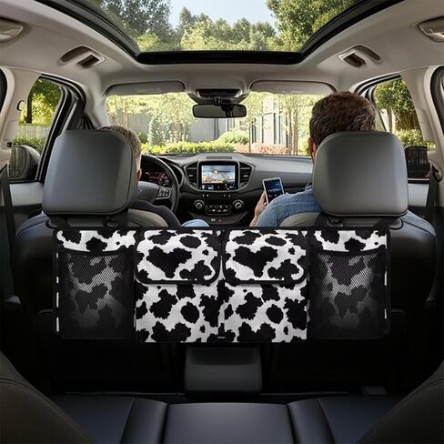 Cow Print Car Trunk Organizer Car Backseat Storage Bag with 4 Pockets Hanging Trunk Cargo Storage Universal Auto Accessories for Sedans SUV Trucks Van in Saudi Arabia