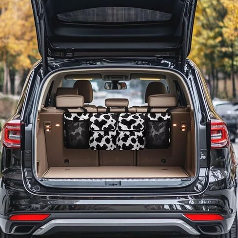 Cow Print Car Trunk Organizer Car Backseat Storage Bag with 4 Pockets Hanging Trunk Cargo Storage Universal Auto Accessories for Sedans SUV Trucks Van in Saudi Arabia