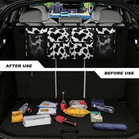 Cow Print Car Trunk Organizer Car Backseat Storage Bag with 4 Pockets Hanging Trunk Cargo Storage Universal Auto Accessories for Sedans SUV Trucks Van in Saudi Arabia