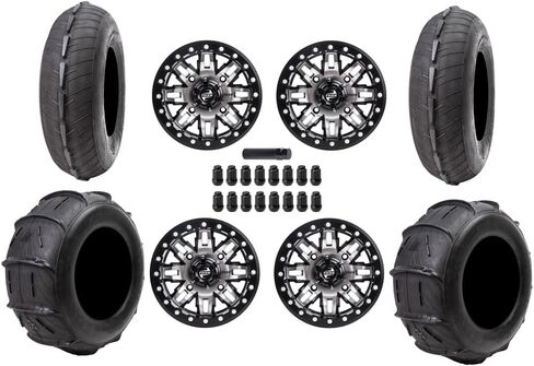 Tusk Set of Sand Lite Tires Mounted on 4/156 Teton Wheels with Black Lug Nuts 28x10-14 (Ribbled / 28x12-14 (12 Paddle) Compatible with Polaris UTV (Machine/Black, 5+5 Wheel Offset) in Saudi Arabia