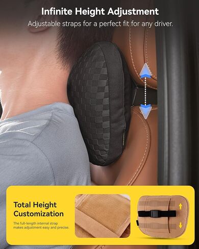 3W Headrest Pillow for Driving with Bio-Fleece Filling, Breathable Suede Cover, Ergonomic Design for Pain Relief, Cushion with Adjustable Strap for Car Automative, Black in Saudi Arabia