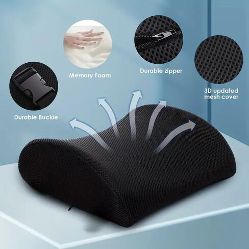 وسادة دعم قطني، وسادة قطنية من إسفنج الذاكرة لتخفيف آلام أسفل الظهر، مع شبكة تهوية وحزام قابل للتعديل، لكرسي المكتب، مقعد السيارة - أسود in Kuwait