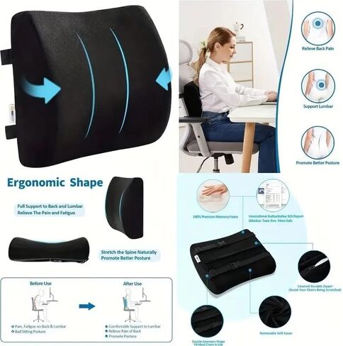 وسادة دعم قطني، وسادة قطنية من إسفنج الذاكرة لتخفيف آلام أسفل الظهر، مع شبكة تهوية وحزام قابل للتعديل، لكرسي المكتب، مقعد السيارة - أسود in Kuwait