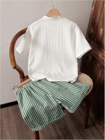 Boy's 2 Piece Summer Outfits Mock Neck Button Down Tops and Striped Shorts in Saudi Arabia