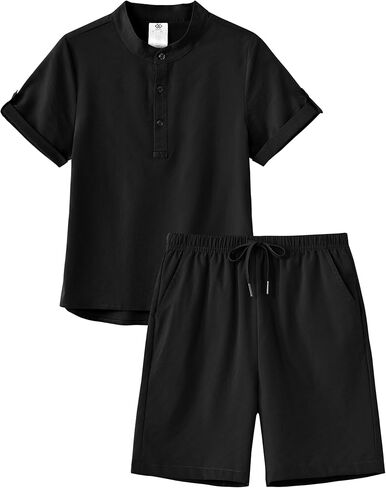 MoFiz Boy's Sets 2 Pieces Short Set Casual Beach Outfits Henley Shirts Shorts Vacation Texture Sets Kids 6-18 Years in Saudi Arabia