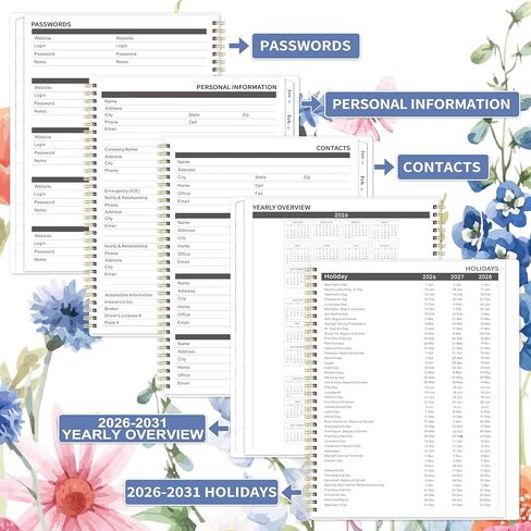 مخطط شهري 2026-2031 - مخطط/تقويم 5 سنوات، يوليو 2026 - يونيو 2031، تقويم 5 سنوات 2026-2031 مخططات شهرية، 9 بوصة × 11 بوصة، غلاف مزدوج السلك + عروات + جيب - زهور in Kuwait
