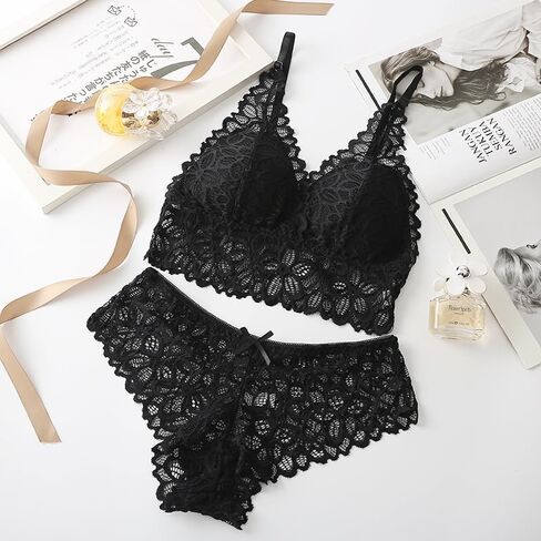 Women's Lingerie Set Bra and Panty Lace Floral Bras Push Up Wireless Bralette Valentines Soft Matching Underwear in Saudi Arabia