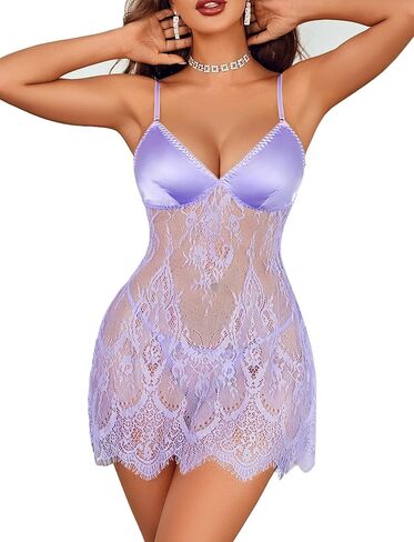 Avidlove Women's Sexy Lingerie Set Babydoll Dress Satin Bust Lace Nightwear with Thong 2 Piece Lilac in Saudi Arabia