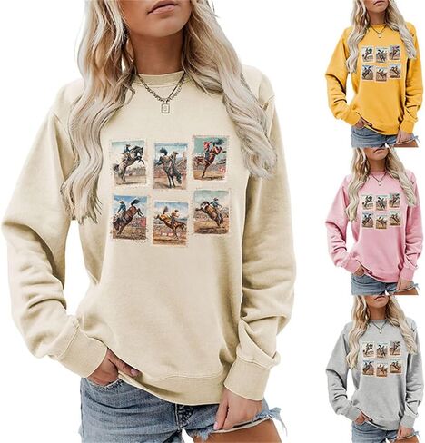 المرأة خمر الغربية روديو برونك ركوب الجرافيك البلوز ريترو كاوبوي ركوب Crewneck كم طويل البلوز in Saudi Arabia