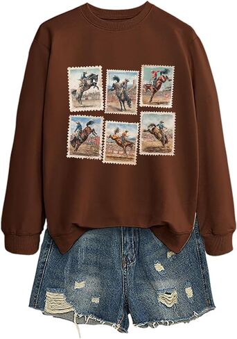 المرأة خمر الغربية روديو برونك ركوب الجرافيك البلوز ريترو كاوبوي ركوب Crewneck كم طويل البلوز in Saudi Arabia