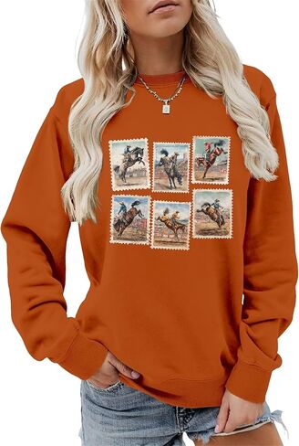 المرأة خمر الغربية روديو برونك ركوب الجرافيك البلوز ريترو كاوبوي ركوب Crewneck كم طويل البلوز in Saudi Arabia