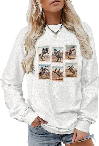 المرأة خمر الغربية روديو برونك ركوب الجرافيك البلوز ريترو كاوبوي ركوب Crewneck كم طويل البلوز in Saudi Arabia