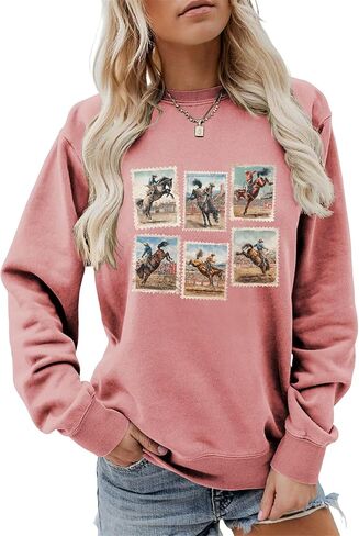 المرأة خمر الغربية روديو برونك ركوب الجرافيك البلوز ريترو كاوبوي ركوب Crewneck كم طويل البلوز in Saudi Arabia