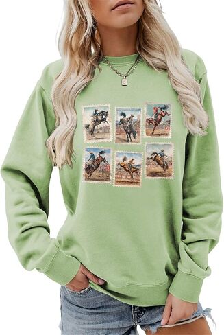 المرأة خمر الغربية روديو برونك ركوب الجرافيك البلوز ريترو كاوبوي ركوب Crewneck كم طويل البلوز in Saudi Arabia