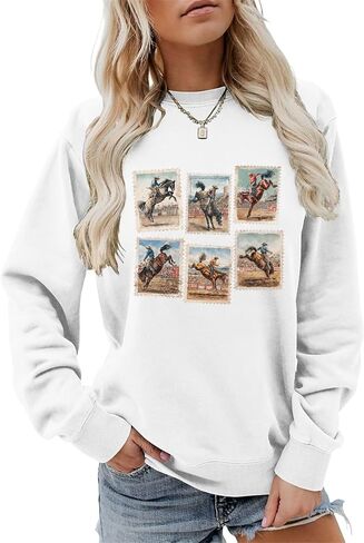المرأة خمر الغربية روديو برونك ركوب الجرافيك البلوز ريترو كاوبوي ركوب Crewneck كم طويل البلوز in Saudi Arabia