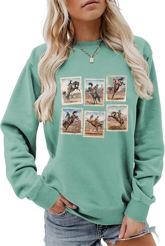 المرأة خمر الغربية روديو برونك ركوب الجرافيك البلوز ريترو كاوبوي ركوب Crewneck كم طويل البلوز in Saudi Arabia