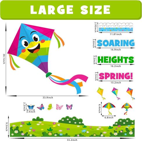 Spring Kite Bulletin Board Decoration Set, Spring Flower Inspirational Classroom Decorations Floral Butterfly Kite Cutouts March April Library School Home Nursery Wall Window Door Decor for Teacher in Kuwait