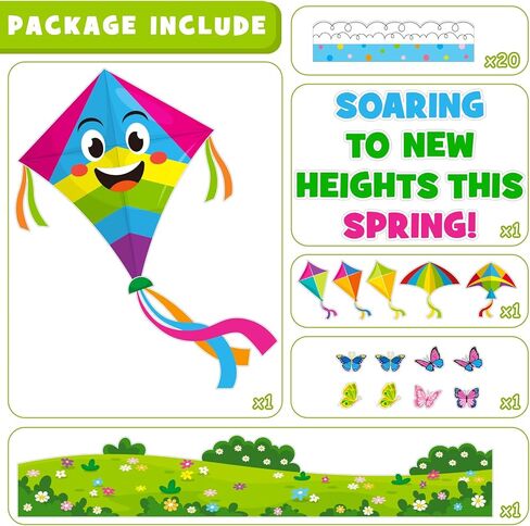 Spring Kite Bulletin Board Decoration Set, Spring Flower Inspirational Classroom Decorations Floral Butterfly Kite Cutouts March April Library School Home Nursery Wall Window Door Decor for Teacher in Kuwait