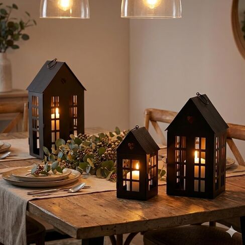 TRIROCKS مجموعة من 3 فوانيس معلقة للهالوين مقاس 13.5 بوصة و9.5 بوصة و5.5 بوصة ارتفاعًا في شارع تاون هاوس وحاملات شموع لديكور المنزل والحديقة والفناء والحفلات القوطية والأحداث في الداخل والخارج (أسود) in Kuwait