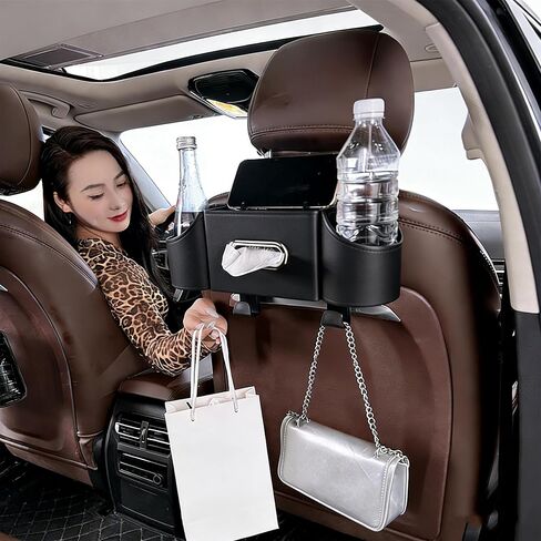منظم المقعد الخلفي للسيارة 4 في 1 - علبة تخزين من جلد نابا الفاخر مع حامل أكواب وموزع مناديل وجيب للهاتف للأطفال والسفر | مناسب عالمي لسيارات الدفع الرباعي والشاحنات والسيارات (أسود) in Kuwait