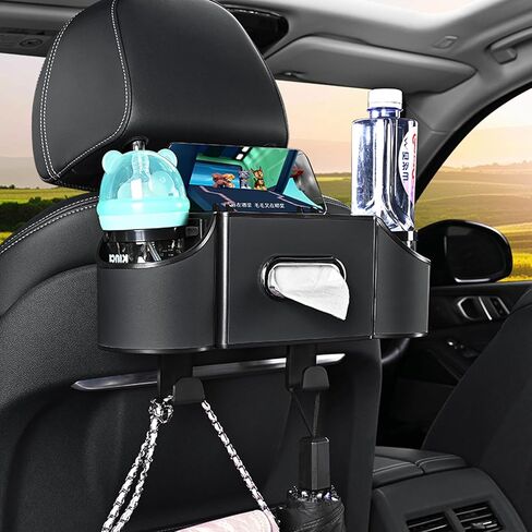 منظم المقعد الخلفي للسيارة 4 في 1 - علبة تخزين من جلد نابا الفاخر مع حامل أكواب وموزع مناديل وجيب للهاتف للأطفال والسفر | مناسب عالمي لسيارات الدفع الرباعي والشاحنات والسيارات (أسود) in Kuwait