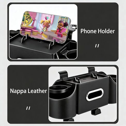 منظم المقعد الخلفي للسيارة 4 في 1 - علبة تخزين من جلد نابا الفاخر مع حامل أكواب وموزع مناديل وجيب للهاتف للأطفال والسفر | مناسب عالمي لسيارات الدفع الرباعي والشاحنات والسيارات (أسود) in Kuwait