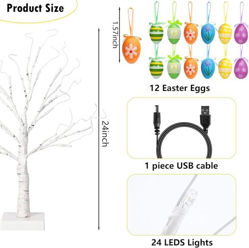 24" Easter Lighted Birch Tree with 12pcs Ornaments,Warm White LEDs Birch Tree Light Tabletop Artificial Tree 8 Lighting Modes USB or Batteries Operated with Timer for Easter Decor in Kuwait